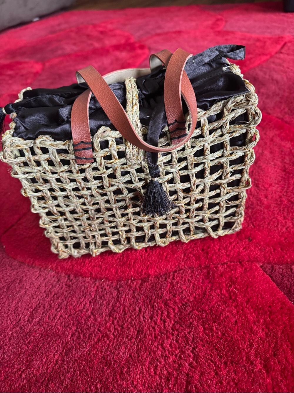 Woven Straw Tote with Black Liner and Brown Handles New without tag from botique
